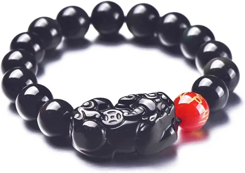 Vista 8 de Pulsera de obsidiana negra, pulsera de obsidiana negra Feng Shui para mujeres y hombres, pulsera elástica de obsidiana con piedra de ojo de tigre