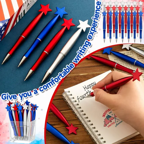 Vista 6 de 48 bolígrafos con diseño de estrella, 4 de julio, Día de la Independencia, bolígrafos de tinta negra patriótica de 0.039 pulgadas para suministros