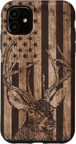 Vista 8 de Funda de madera para iPhone 16 con diseño de ciervo de cola blanca para caza cazador de bandera estadounidense