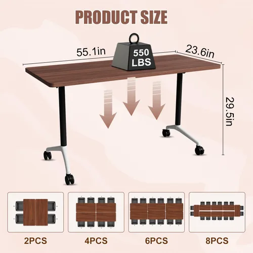 Vista 3 de 6 Pack Folding Conference Tables,55.1" Mobile Training Tables Walnut