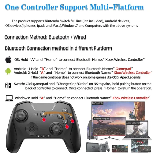 Vista 2 de Bluetooth Controller for SwitchMacPCPhoneIOSAndroidiPadiPhoneTV, Remote Game Controller with Custom Programmable ButtonMacroTurboVibrationGyro Axis