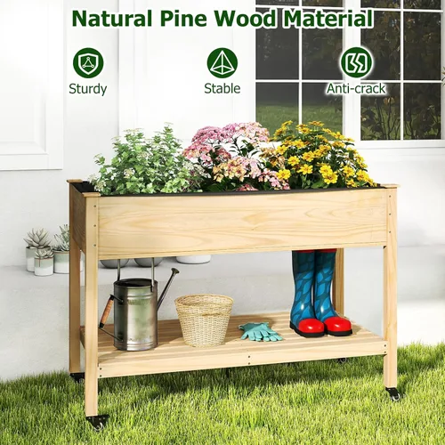 Vista 6 de Giantex Cama de jardín elevada móvil, maceta de madera con ruedas, estante de almacenamiento y forro, cama elevada enrollable de 47 x 23 x 33