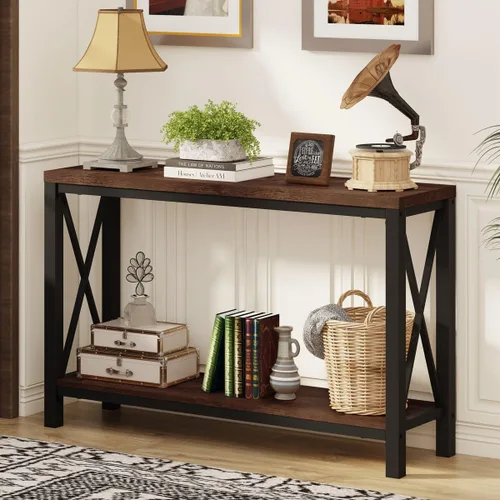 Vista 14 de Mesa de consola rústica detrás del sofá, mesa industrial de entrada con estantes, mesas de sofá de 3 niveles estilo granja para sala de estar, Roble