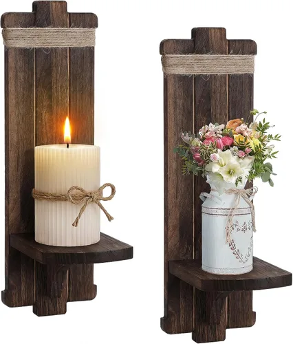 Vista 7 de Candelabros para decoración de pared de granja, 2 candelabros rústicos góticos hechos a mano de madera para montaje en pared para dormitorio, sala