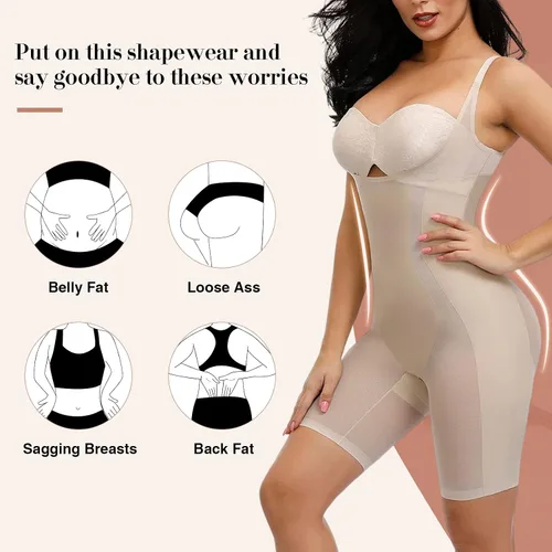 Vista 3 de Fajas colombianas con control de abdomen para mujer, sin costuras, busto abierto, medio muslo, moldeador de cuerpo, pantalones cortos, W-beige