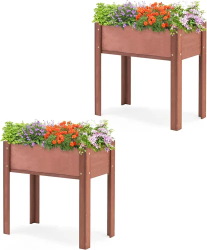 Vista 13 de Cama de jardín elevada con patas, 31 x 16 x 31 pulgadas, jardinera elevada de madera para exteriores, patas gruesas, con forro Marrón