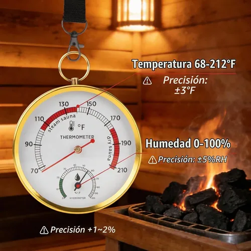 Vista 5 de Combo de termómetro de sauna Fahrenheit e higrómetro con soporte de cordón, termómetro colgante para sala de sauna, sauna de vapor portátil, rango