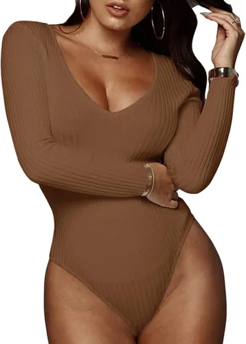 Vista 6 de GEMBERA Body de manga larga con cuello en V profundo para mujer, de punto acanalado, ajustado, básico Negro