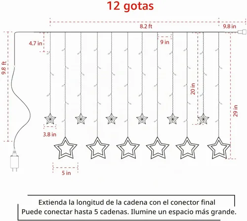 Vista 5 de Luces de Cortina de Estrellas para Dormitorio - Enchufables de 9 pies, 138 Luces LED de Hadas Centelleantes con 12 Gotas de Estrellas, Luces