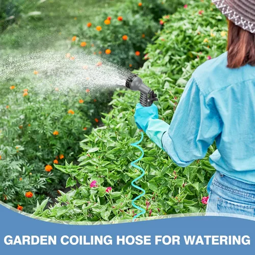 Vista 7 de Manguera de jardín enrollada ligera de 25 pies 3/8" EVA flexible con 7 boquillas multifunción y conectores de latón para riego de jardín, plantas