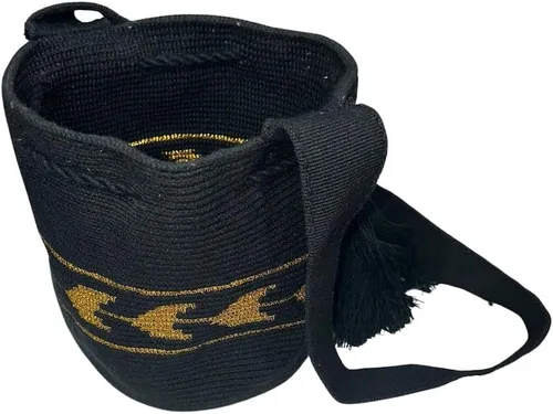 Vista 3 de Mochila Colombiana Auténtica WAYUU Hecho a Mano Cruz Body Bag Finest Pequeño NegroOro Nuevo, NegroOro, Bolso hecho a mano Wayuu