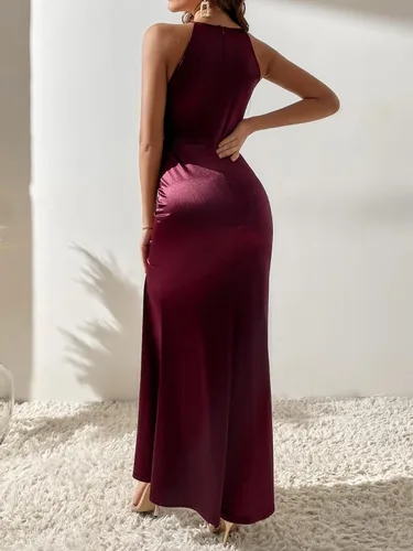 Vista 2 de WDIRARA Vestido largo sin mangas con encaje en contraste de satén para mujer