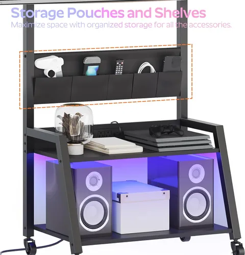 Vista 7 de YATINEY Soporte de TV móvil con toma de corriente, soporte de TV móvil con luz LED de hasta 55 pulgadas, carrito de TV con soporte, 5 bolsas de tela