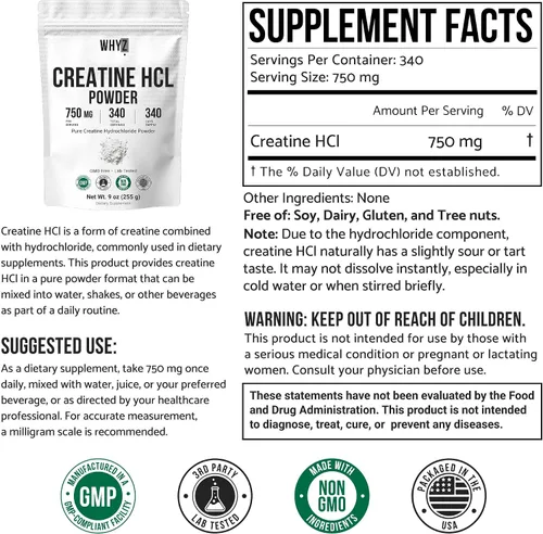 Vista 2 de Suplemento de creatina pura HCL en polvo sin sabor HCL creatina para hombres y mujeres, apoya la fuerza muscular, resistencia, energía, apoyo