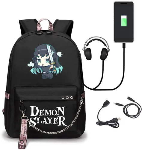 Vista 7 de SodaMeow Mochila Demon Nezuko Anime Slayer Bag Kimetsu no Yaiba Kawaii Mochila con puerto de carga USB, llavero gratis, A-muichiro, Casual