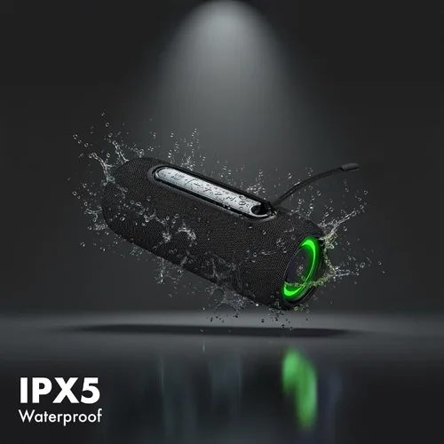 Vista 9 de Fisher Altavoces Bluetooth portátiles IPX5 impermeable altavoz, 14 W de potencia máxima estéreo Bluetooth altavoz, luces RGB, TWS, BT 5.3, micrófono