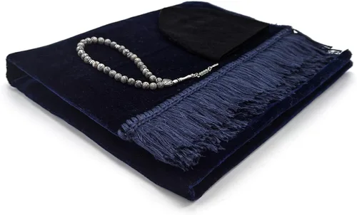 Vista 2 de Juego de alfombrillas de oración de terciopelo (piedra preciosa, 33 cuentas de oración, sombrero Kufi negro, estuche elegante), lujosa alfombra