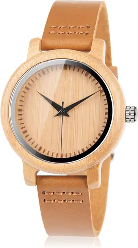 Vista 10 de BOBO BIRD Reloj de madera de bambú para hombre y mujer con correa de cuero de vaca marrón, relojes casuales de cuarzo analógico