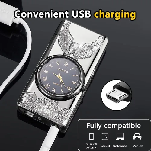 Vista 5 de GADATOP Eagle - Encendedor eléctrico de plasma USB, multifuncional, resistente al viento, encendedor de metal de moda con esfera luminosa de reloj
