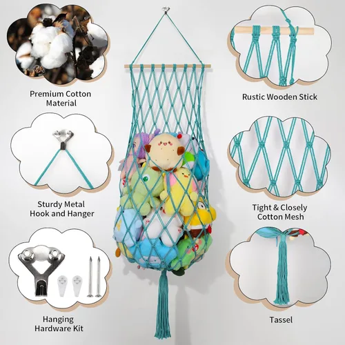 Vista 4 de Almacenamiento de Animales de Peluche de 68 Pulgadas, Hamaca Jumbo de Macramé para Animales de Peluche en Esquina, Hamaca Colgante de Pared y Techo