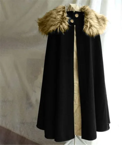 Vista 9 de Capa para hombre, abrigo de invierno cálido gótico de lana sintética con cuello de piel sintética, capa larga, capa vintage medieval vikinga