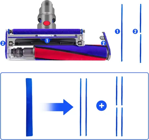 Vista 5 de Tira de felpa compatible con Dyson V6 V7 V8 V10 V11 cabezal limpiador de rodillos suaves, tira de felpa de cepillo azul, tira inferior, tiras