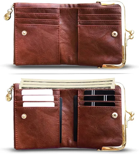 Vista 44 de AOXONEL Cartera para mujer, pequeña, Rfid, compacta, plegable, de piel, vintage, con cremallera y cierre de beso
