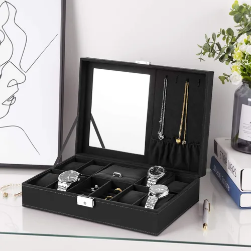 Vista 4 de Oyydecor Joyero organizador de caja de reloj con 8 ranuras para almacenamiento de relojes, estuche organizador de joyas con espejo (negro)