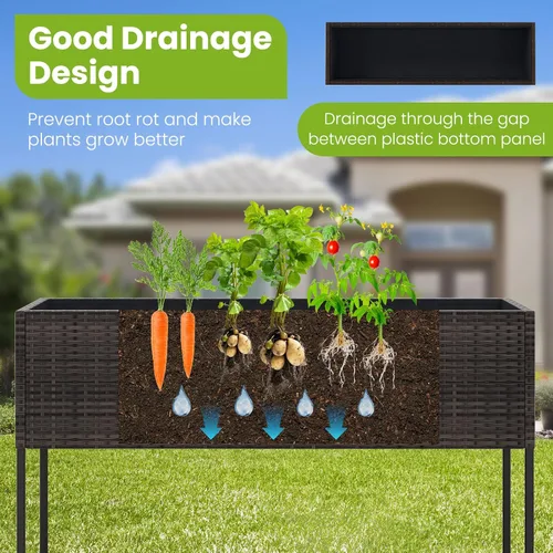 Vista 3 de HAPPYGRILL Cama de jardín elevada de ratán con patas, estante inferior de Maceta elevada con forro extraíble, sistema de drenaje, maceta elevada