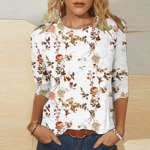 Vista 2 de SMIDOW Camisetas de manga 34 para mujer, estilo casual, bohemio, estampado floral, holgadas, para verano, primavera, básicas