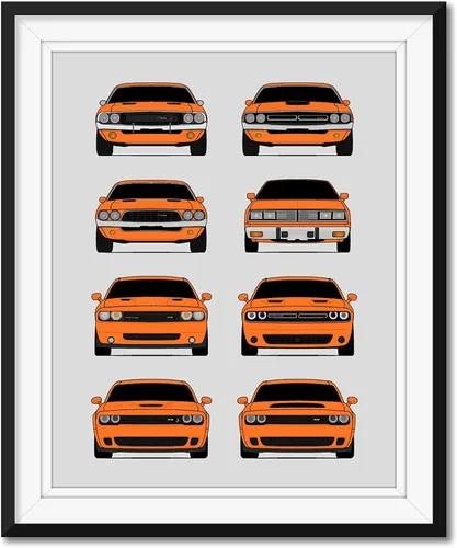 Vista 15 de Custom Car Posters Póster hecho a mano compatible con Dodge Challenger Generations e impresión de Challenger SRT, multicolor, impresión metálica