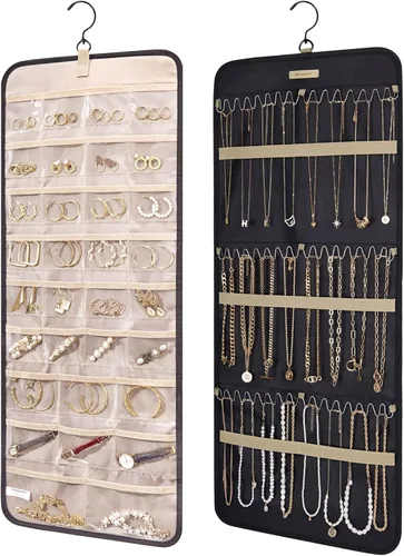 Vista 10 de BAGSMART Organizador de joyas colgante con rollo de almacenamiento y ganchos metálicos de doble cara para aretes, collares, anillos en armario, Negro