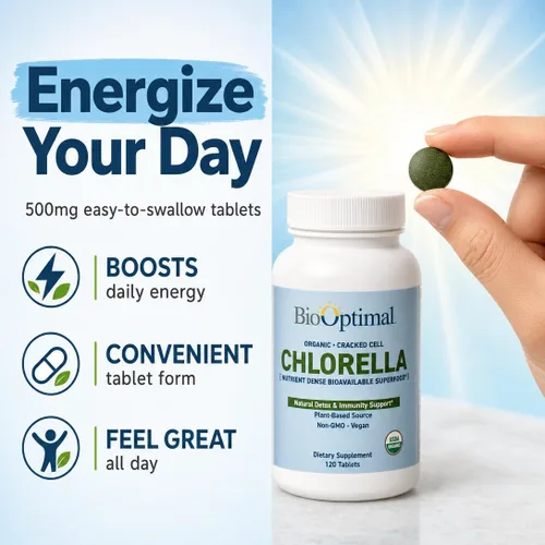 Vista 2 de BioOptimal Pared celular agrietada con Chlorella orgánica USDA y apoyo