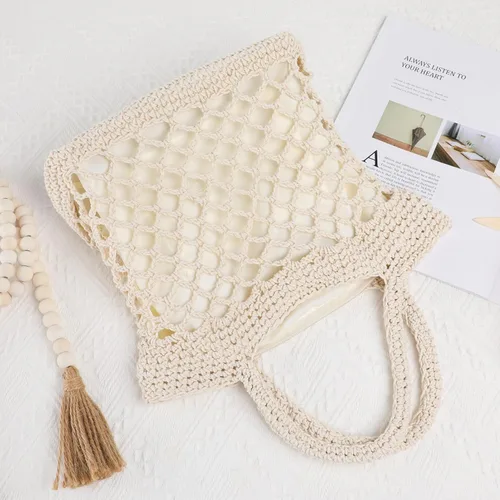 Vista 7 de TENDYCOCO Bolso tejido a mano de paja para el hombro, bolso de playa de verano tejido hecho a mano para mujeres, beige, 11.8 x 9.8 x 3.9 in, Beige