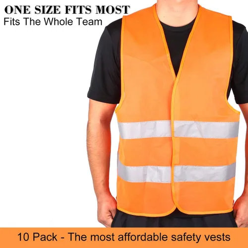 Vista 4 de DUSKCOVE Paquete de 10 chalecos de seguridad de alta visibilidad con 2 tiras reflectantes Hi Vis para hombres y mujeres, chalecos de construcción