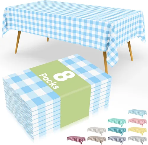 Vista 54 de Smiry 8 paquetes de manteles desechables Gingham, 54 x 108 pulgadas, manteles de plástico impermeables rectangulares en diseño a cuadros