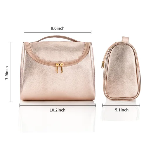 Vista 7 de Elegante estuche de maquillaje y aseo de viaje para mujer; estuche organizador de brochas y maquillaje de gran capacidad y hecho de cuero vegano