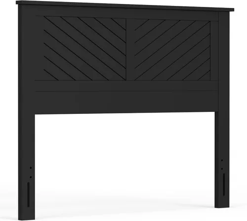 Vista 8 de ComfIQ Serene - Cabecera de madera de álamo tamaño completo en negro, panel de granja moderno con ranurado en chevron, estilo costero casual, fácil