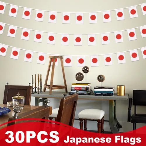 Vista 6 de Banderín de bandera de Japón, mini banderas japonesas pequeñas, decoración nacional de país para escuela, fiesta, eventos deportivos, 33 pies 30