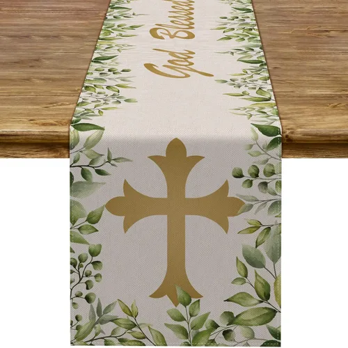 Vista 7 de Pudodo Camino de mesa de bautismo para niños, Dios bendiga la primera comunión, bautizo, baby shower, fiesta, cocina, comedor, decoración del hogar