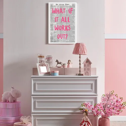Vista 7 de Liyark Arte de Pared de Lienzo de Periódico Retro y Moderno - Cita de Afirmación Positiva 'What If All Works Out' - Fuente Rosa - Decoración