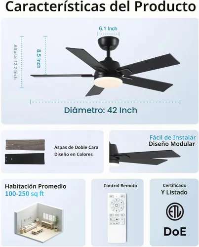 Vista 7 de Ventiladores de techo de 42 pulgadas con luces y control remoto, ventilador de techo negro con 5 aspas, motor DC reversible de 6 velocidades, LED