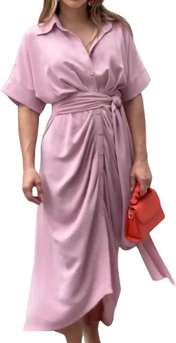 Vista 3 de CHARTOU Elegante vestido de blusa irregular de manga corta con botones y cinturón para mujer