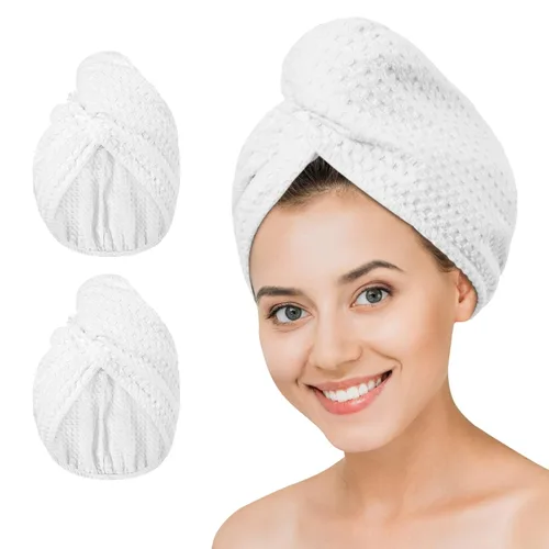 Vista 9 de Dolwis Toalla de secado de pelo de microfibra, 2 paquetes de turbante de pelo largo tipo waffle, paño de rizo de secado rápido, absorbente y Gris