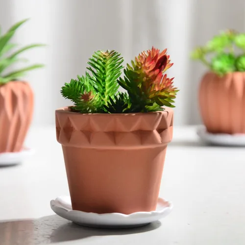 Vista 2 de B SEPOR Macetas de cerámica hechas a mano, mini maceta de arcilla para plantas pequeñas de interior, suculentas, cactus con bandeja de melamina