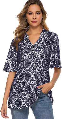 Vista 2 de HOCOSIT - Camiseta de manga corta con olanes y cuello en V con estampado de flores, plisada y abotonada, para mujer