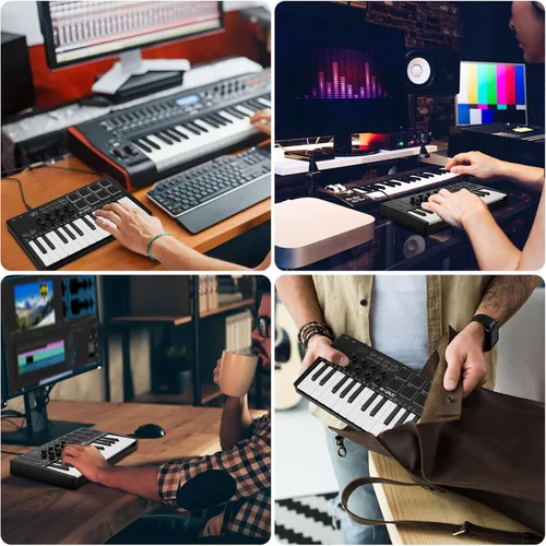 Vista 6 de M-Wave Controlador de teclado USB MIDI de 25 teclas con 8 almohadillas de batería retroiluminadas, Bluetooth, teclado dinámico profesional clásicos
