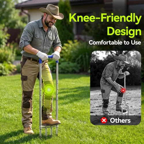 Vista 4 de Knee-Friendly Manual Lawn Aerator, Adjustable 43.3–48.5", Silver, Dual Step