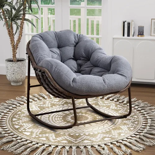 Vista 21 de Mecedora para patio al aire libre, silla mecedora de huevos de ratán para interiores, cómoda silla Papasan de gran tamaño con cojín más grueso