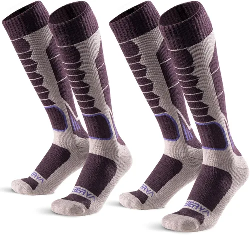 Vista 24 de Calcetines de lana de merino para esquí para hombres, mujeres y jóvenes - Calcetines térmicos de snowboard con amortiguación completa por encima